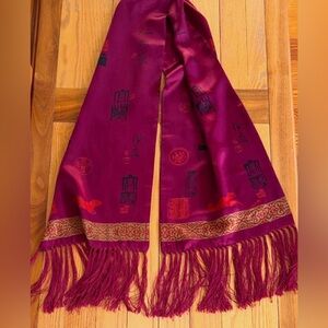 Vintage Silk Asian Calligraphy Fringe Scarf Magenta Gold